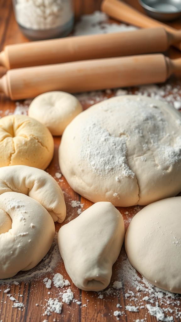 Mastering Dough: A Comprehensive Guide to Dough Preparation Various types of dough displayed on a wooden surface with flour, rolling pin, and baking tools.